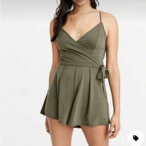 Abercrombie Olive Green Faux V-Neck Soft Romper Smocked Back